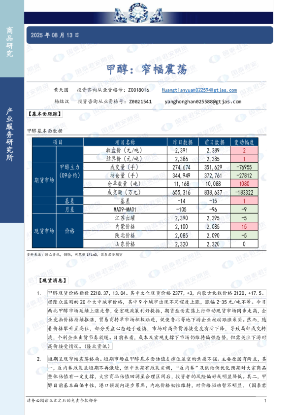甲醇：窄幅震荡
