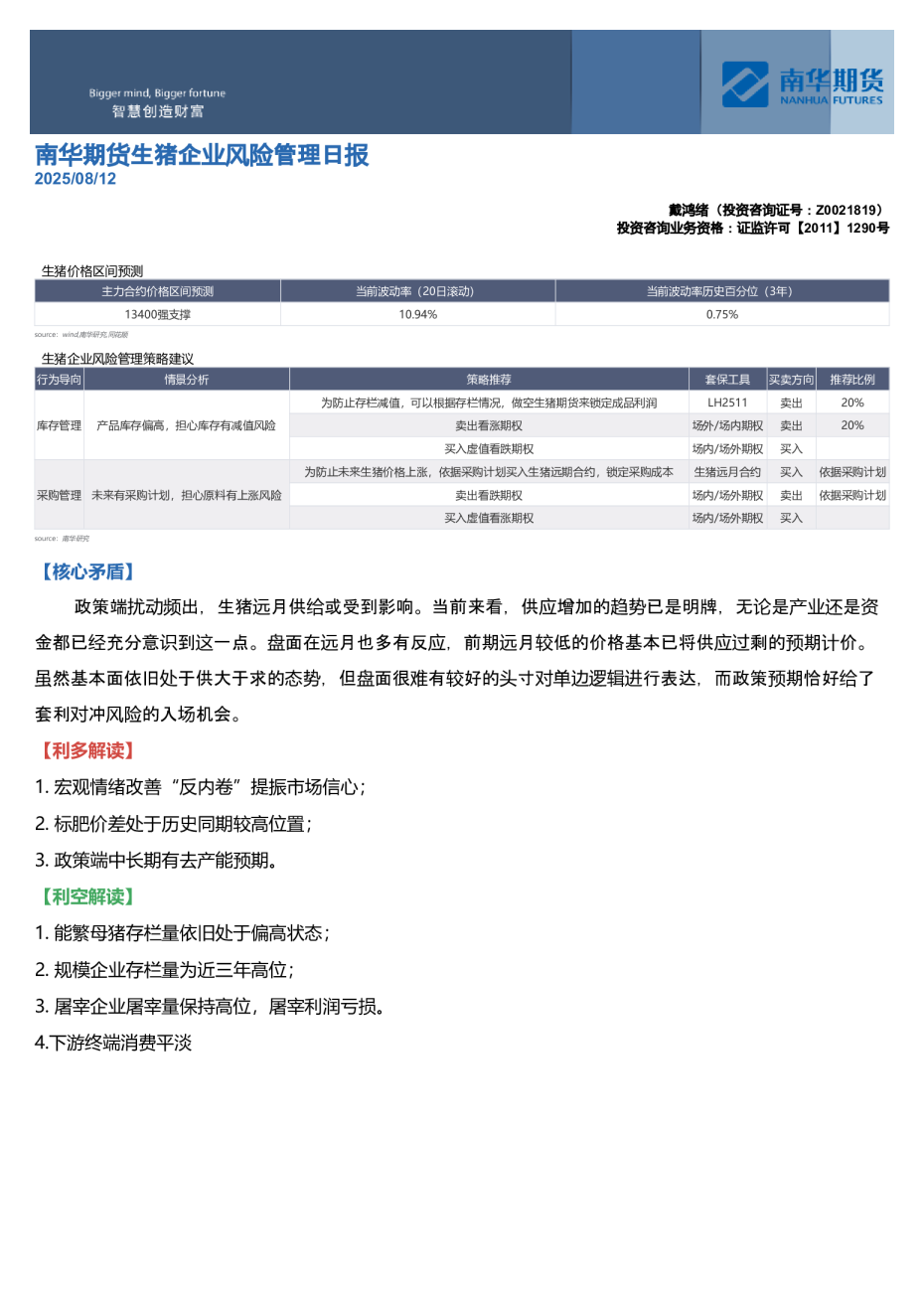 南华期货生猪企业风险管理日报