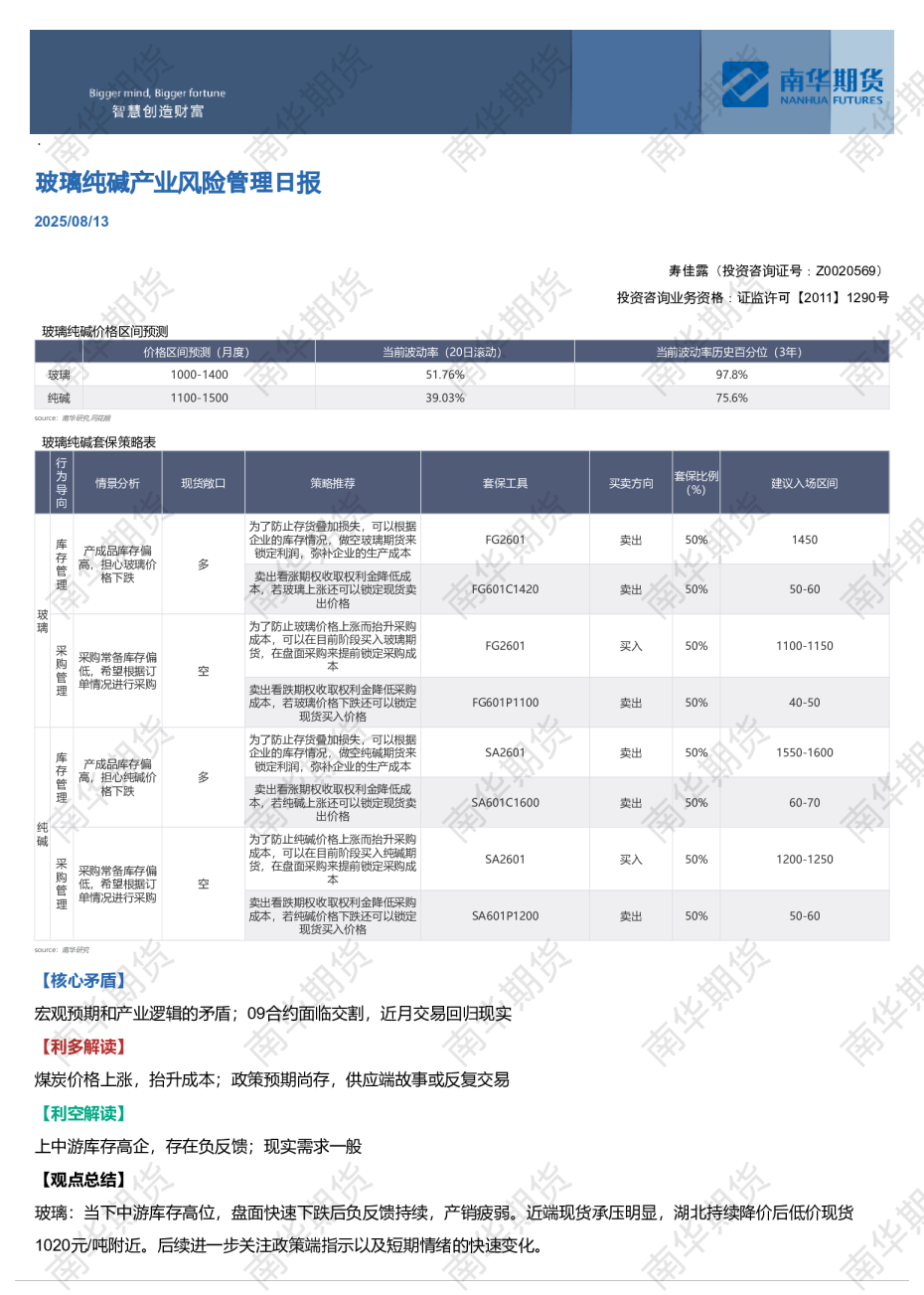玻璃纯碱产业风险管理日报