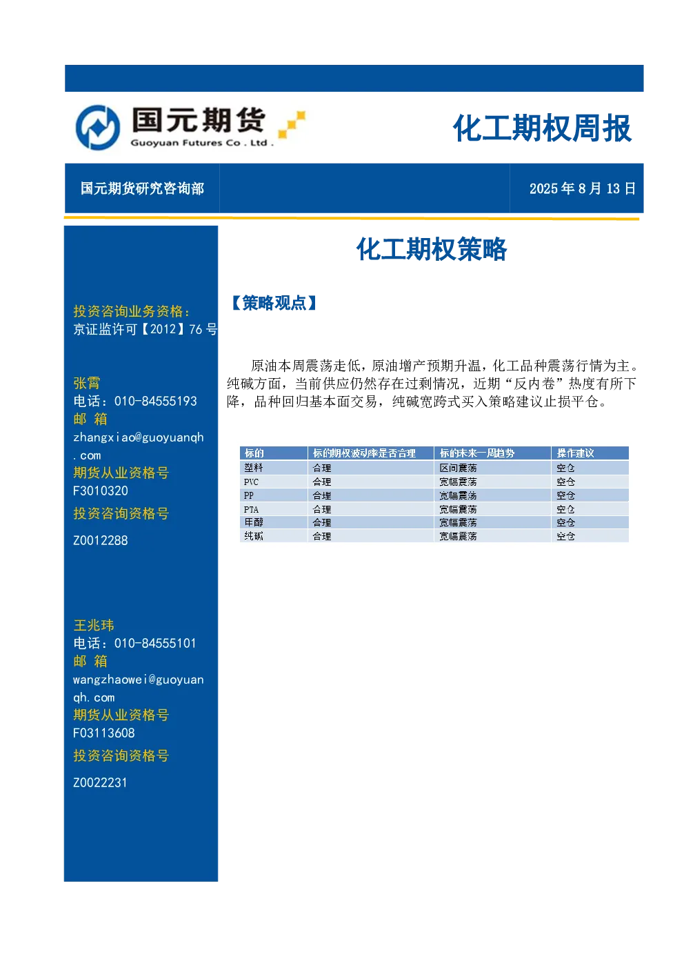 化工期权周报：化工期权策略