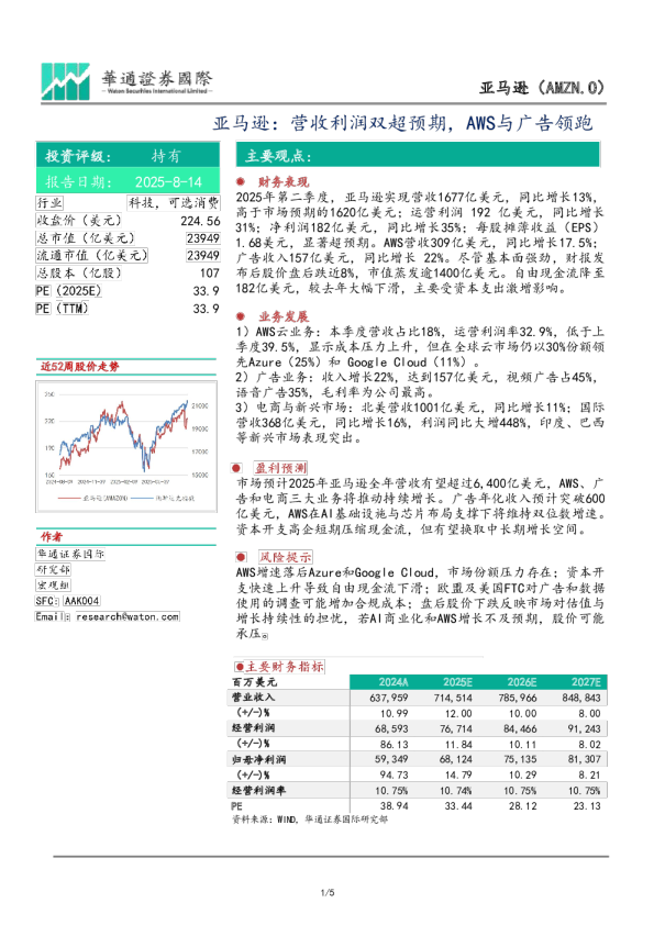 亚马逊：营收利润双超预期，AWS与广告领跑