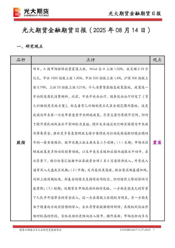 光大期货金融期货日报（2025年08月14日）