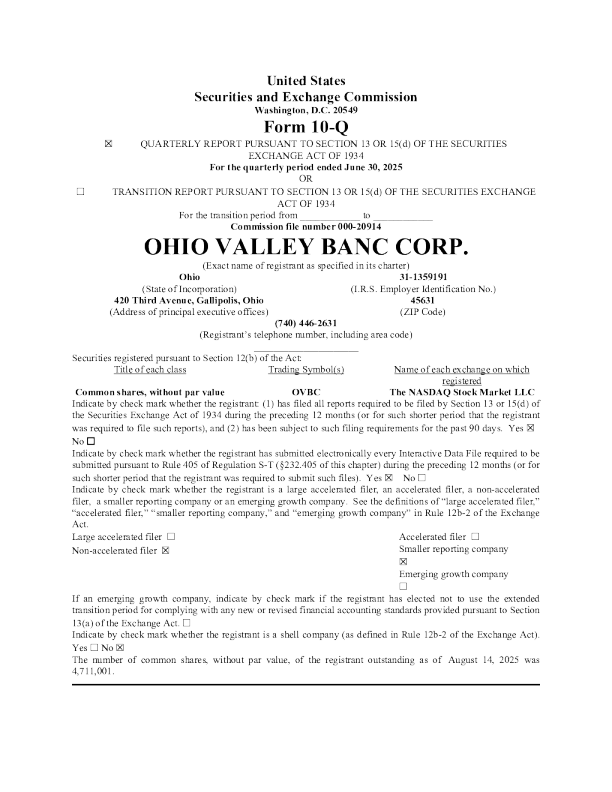 俄亥俄河谷银行 2025年季度报告