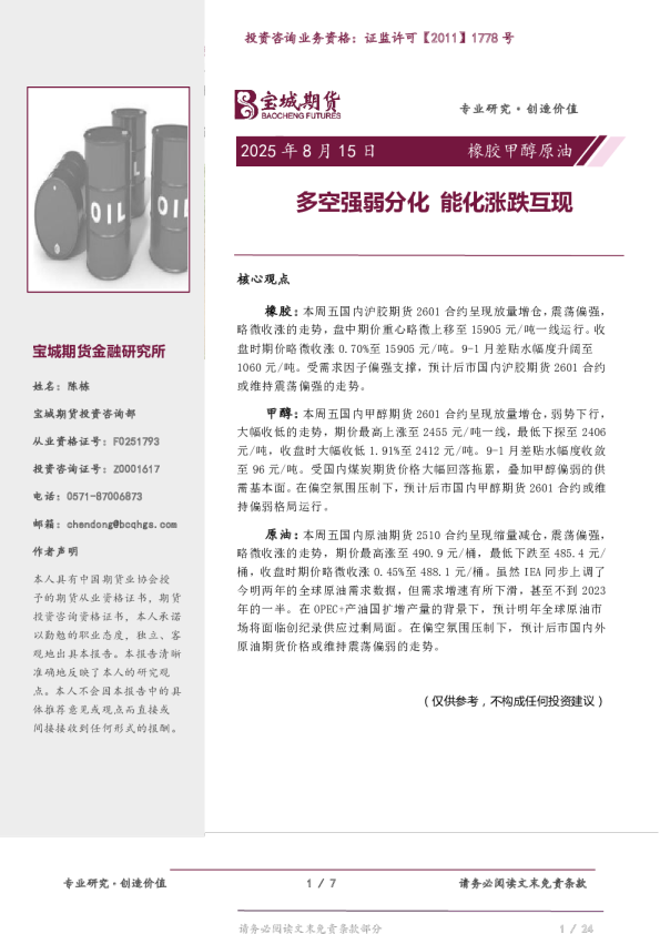 橡胶甲醇原油日报