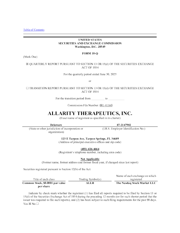Allarity Therapeutics Inc 2025年季度报告