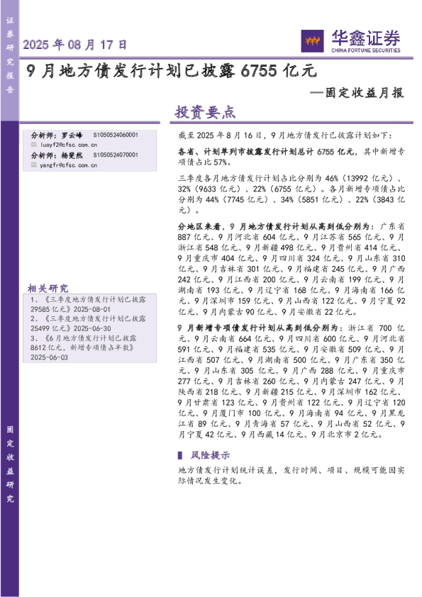 9月地方债发行计划已披露6755亿元