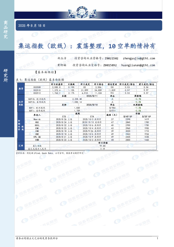 集运指数（欧线）：震荡整理，10 空单酌情持有