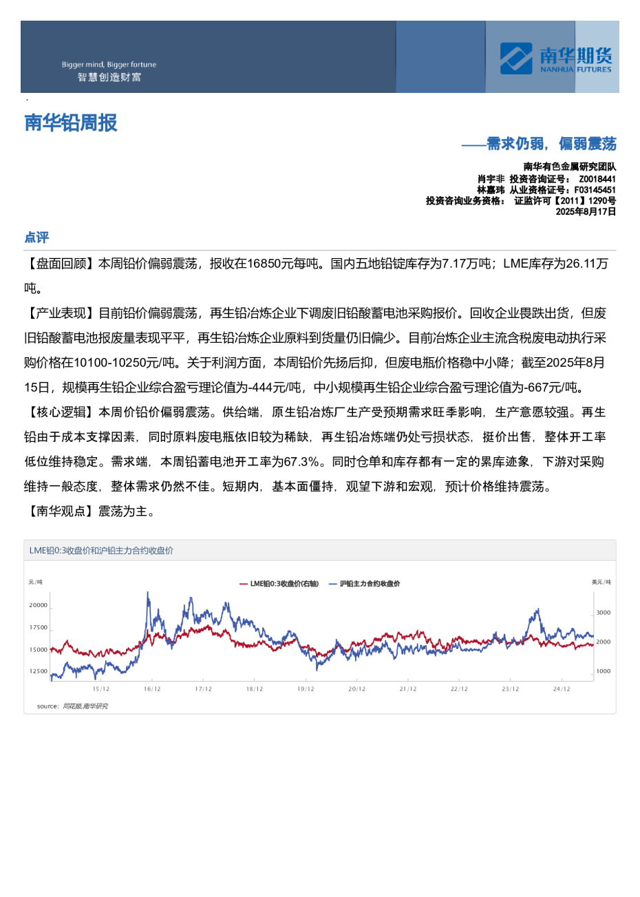 南华铅周报：需求仍弱，偏弱震荡