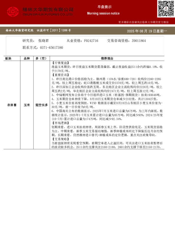 格林大华期市早班车-玉米生猪鸡蛋（20250819）