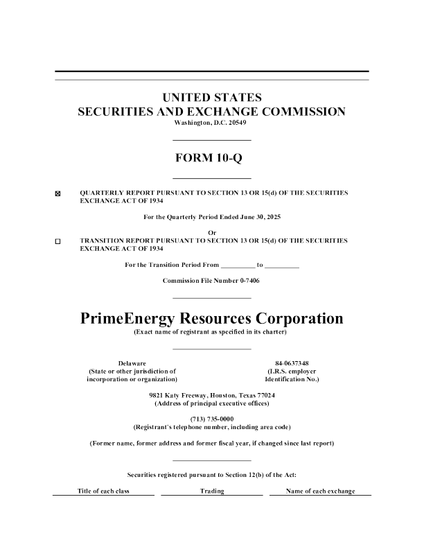 PrimeEnergy Resources：2025年季度报告