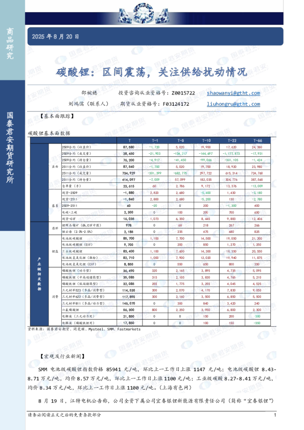 碳酸锂：区间震荡，关注供给扰动情况
