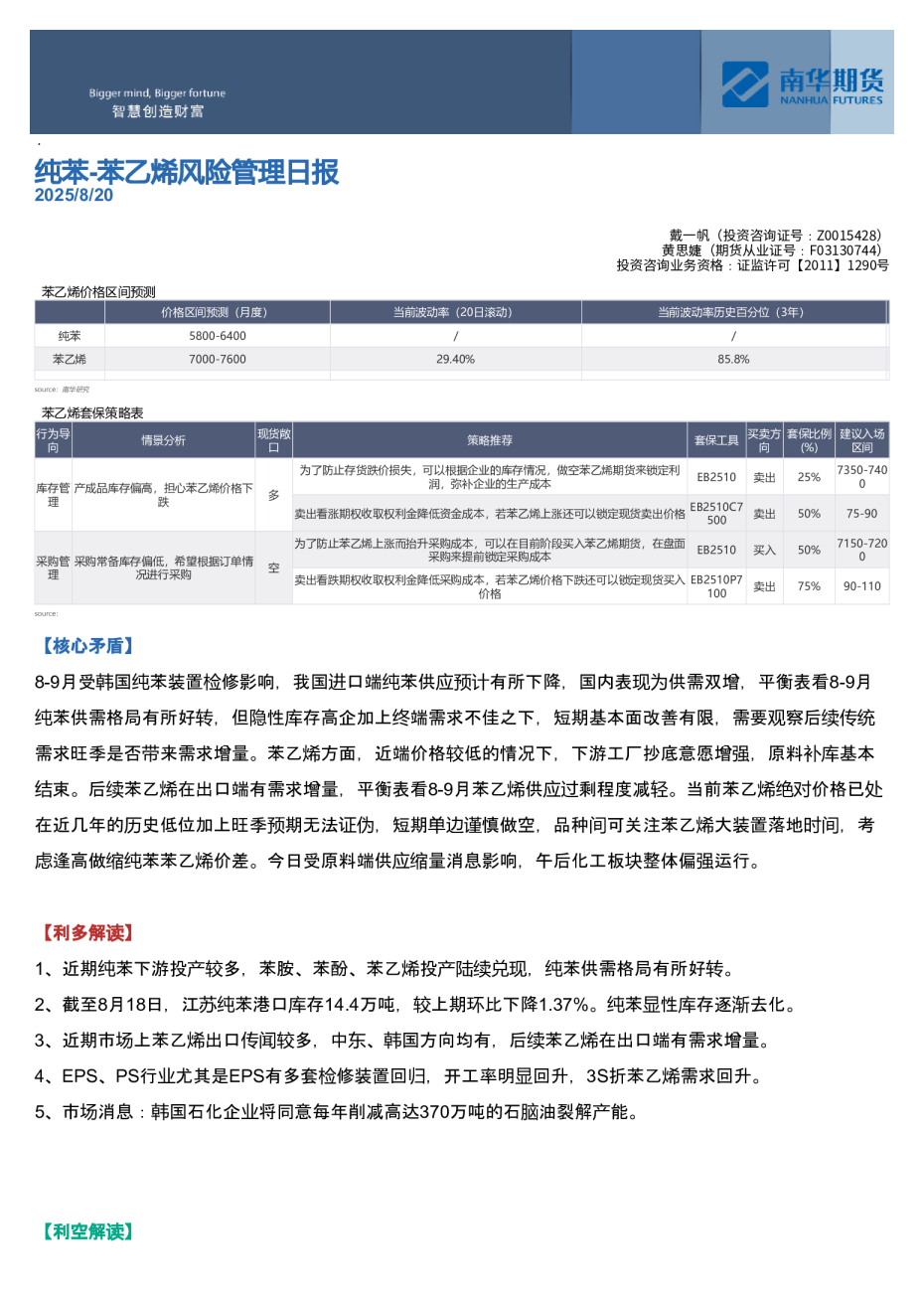 纯苯：苯乙烯风险管理日报
