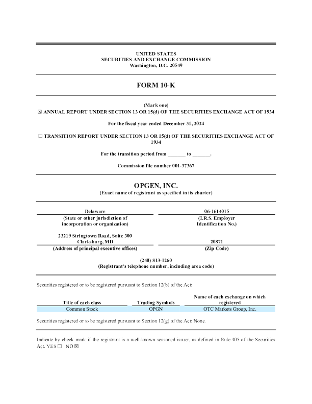 OpGen Inc 2024年度报告