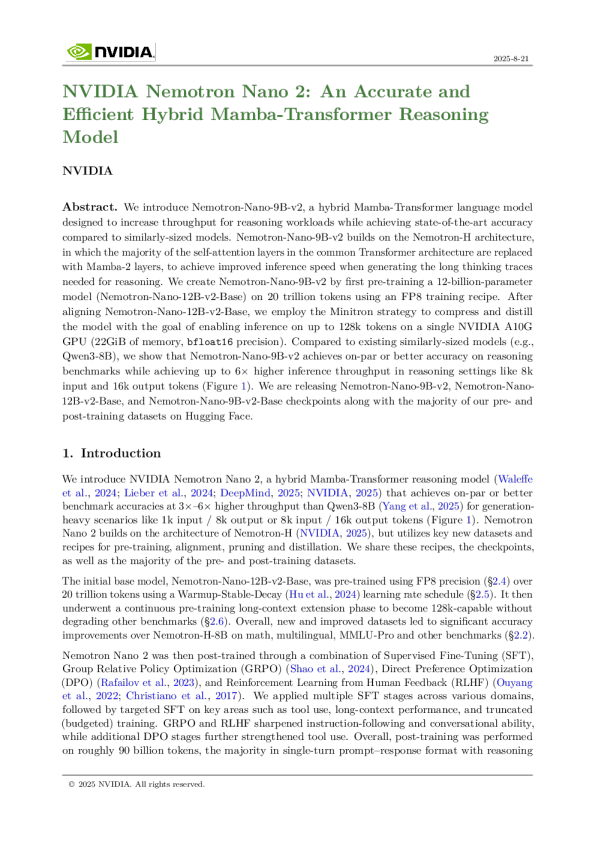 英伟达Nemotron Nano 2：一种准确高效的混合Mamba-Transformer推理模型