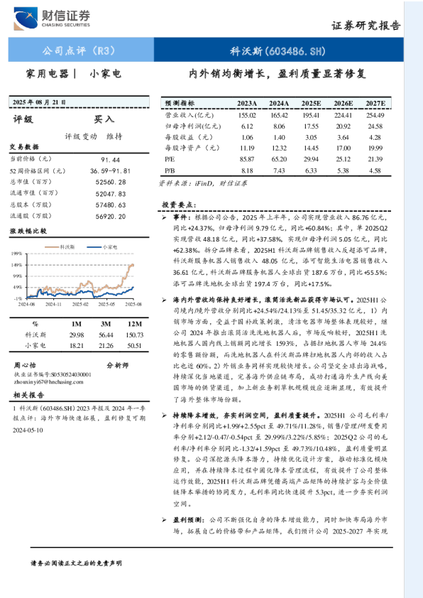内外销均衡增长，盈利质量显著修复