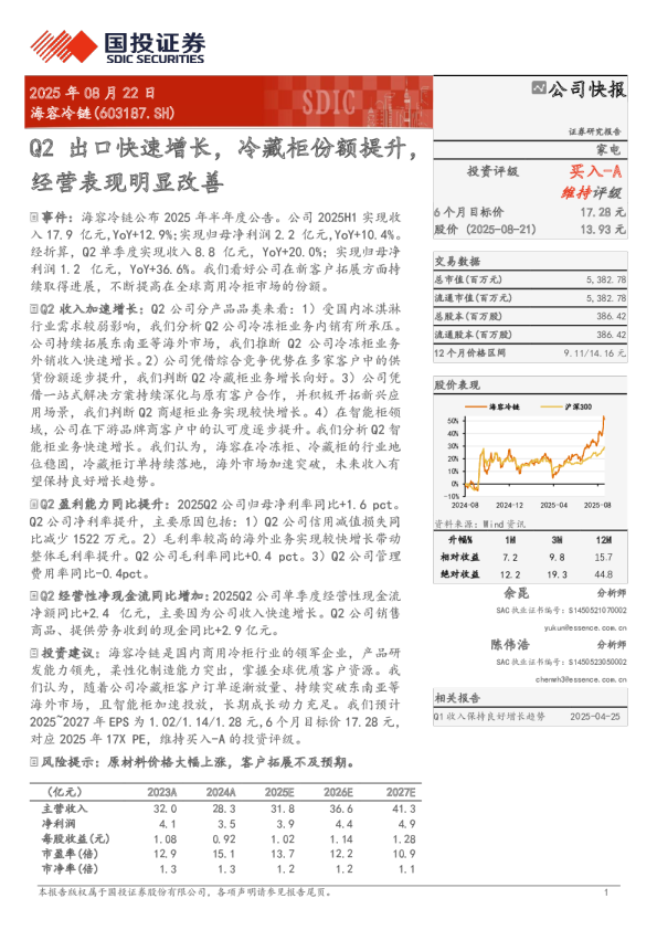 Q2出口快速增长,冷藏柜份额提升,经营表现明显改善