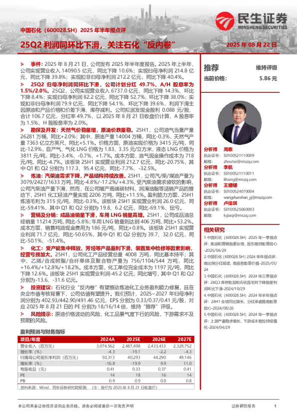 25Q2利润同环比下滑，关注石化“反内卷”