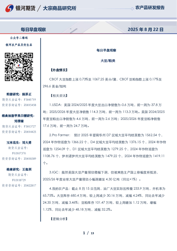 银河期货每日早盘观察