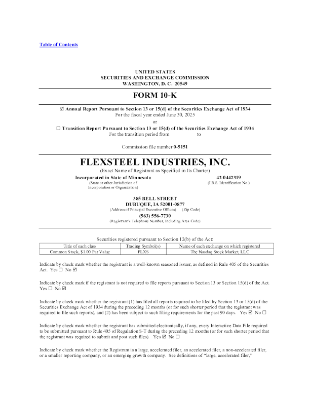 Flexsteel Industries：2024年度报告