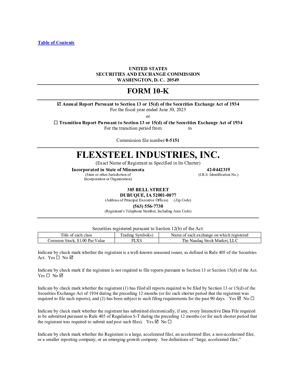 Flexsteel Industries：2024年度报告