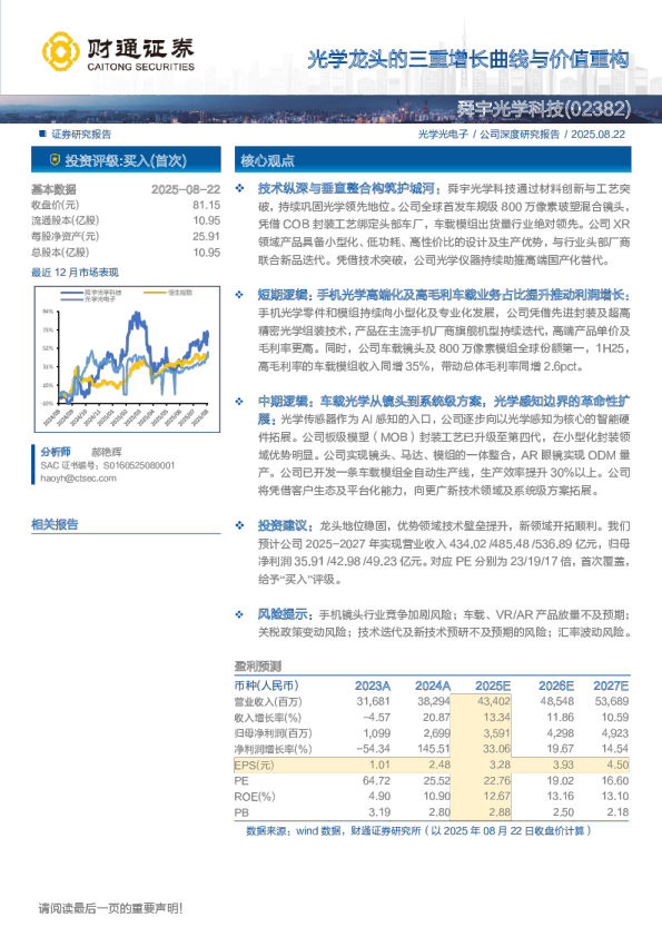 舜宇光学科技(2382.HK)光学龙头的三重增长曲线与价值重构