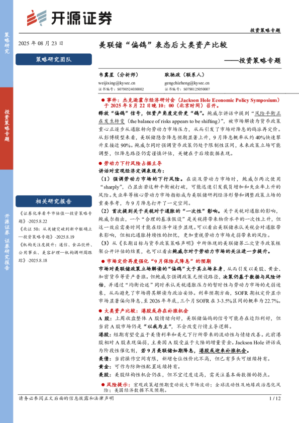 投资策略专题：美联储“偏鸽”表态后大类资产比较