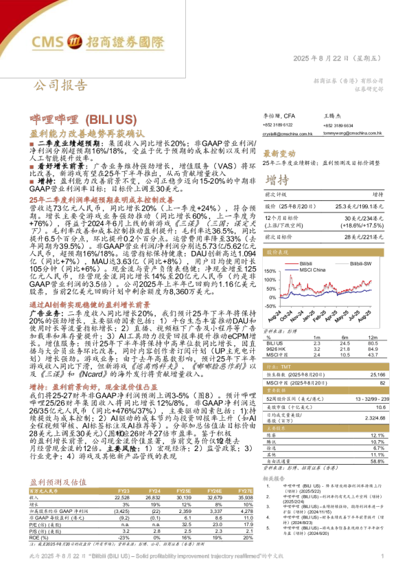 哔哩哔哩 (BILI US) - 盈利能力改善趋势再获确认