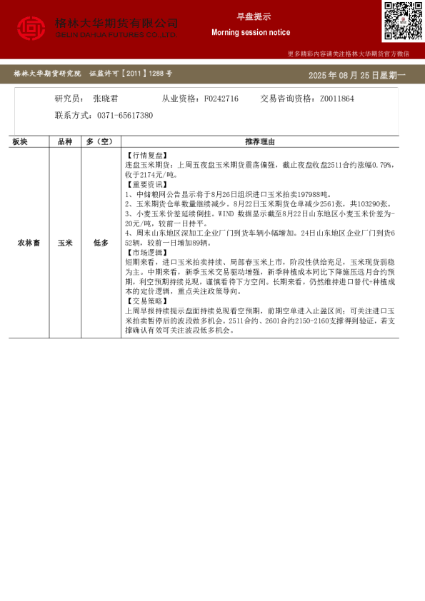格林大华期市早班车-玉米生猪鸡蛋（20250825）
