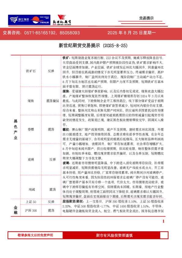 新世纪期货交易提示（2025-8-25）