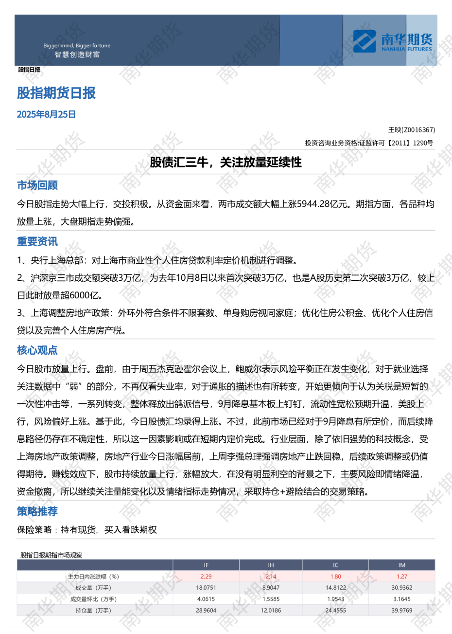南华股指日报：股债汇三牛，关注放量延续性20250825