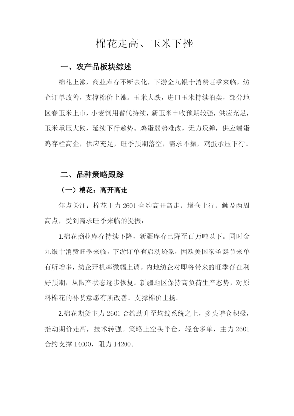 棉花走高、玉米下挫