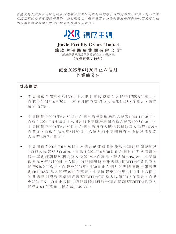 锦欣生殖：截至2025年6月30日止六个月的业绩公告