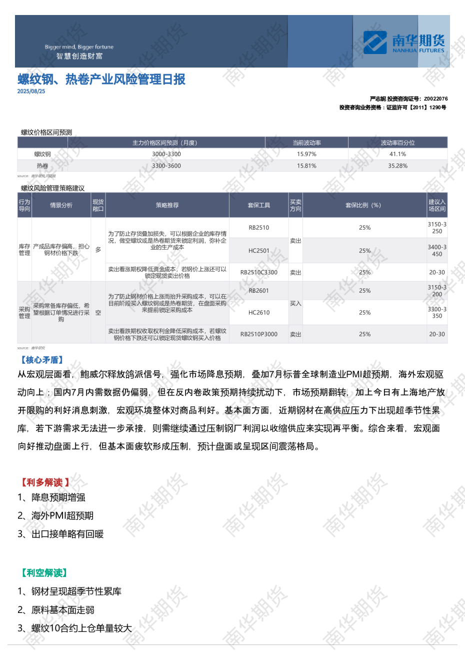 南华期货螺纹钢、热卷产业风险管理日报：利润收缩20250826