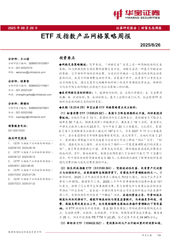 ETF及指数产品网格策略周报