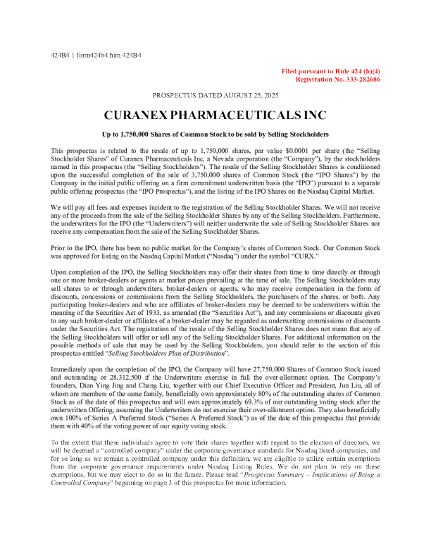 Curanex Pharmaceuticals Inc美股招股说明书(2025-08-26版)