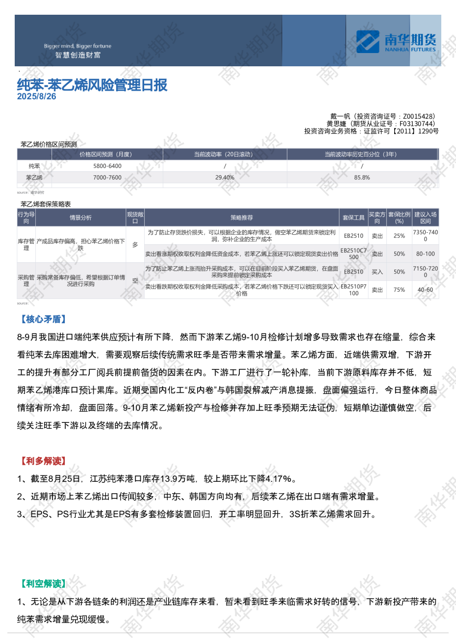 纯苯-苯乙烯风险管理日报