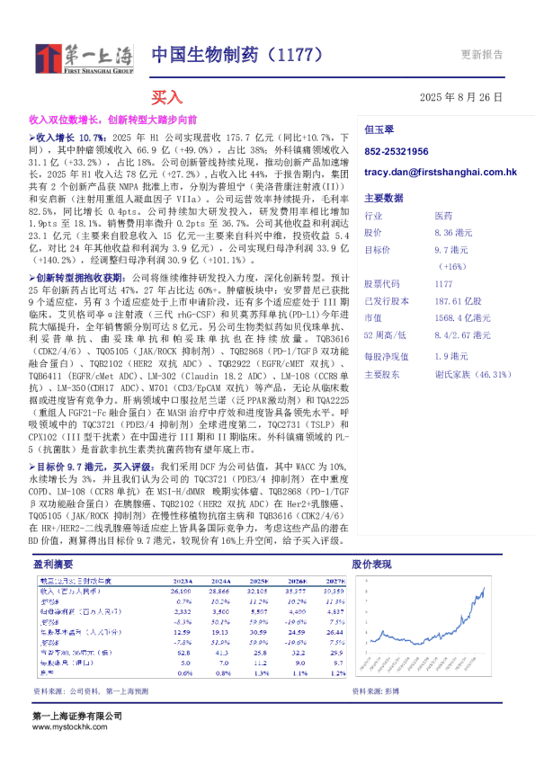 中国生物制药（1177）更新报告