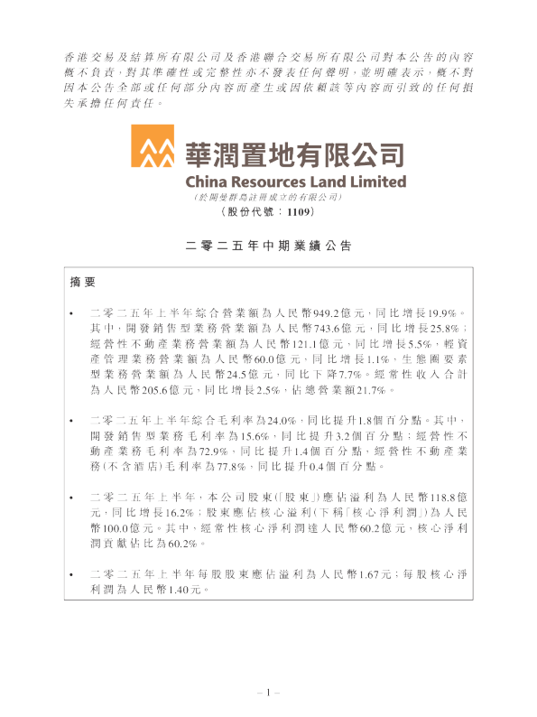 华润置地：二零二五年中期业绩公告