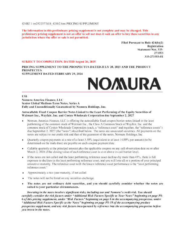 野村控股美股招股说明书(2025-08-27版)