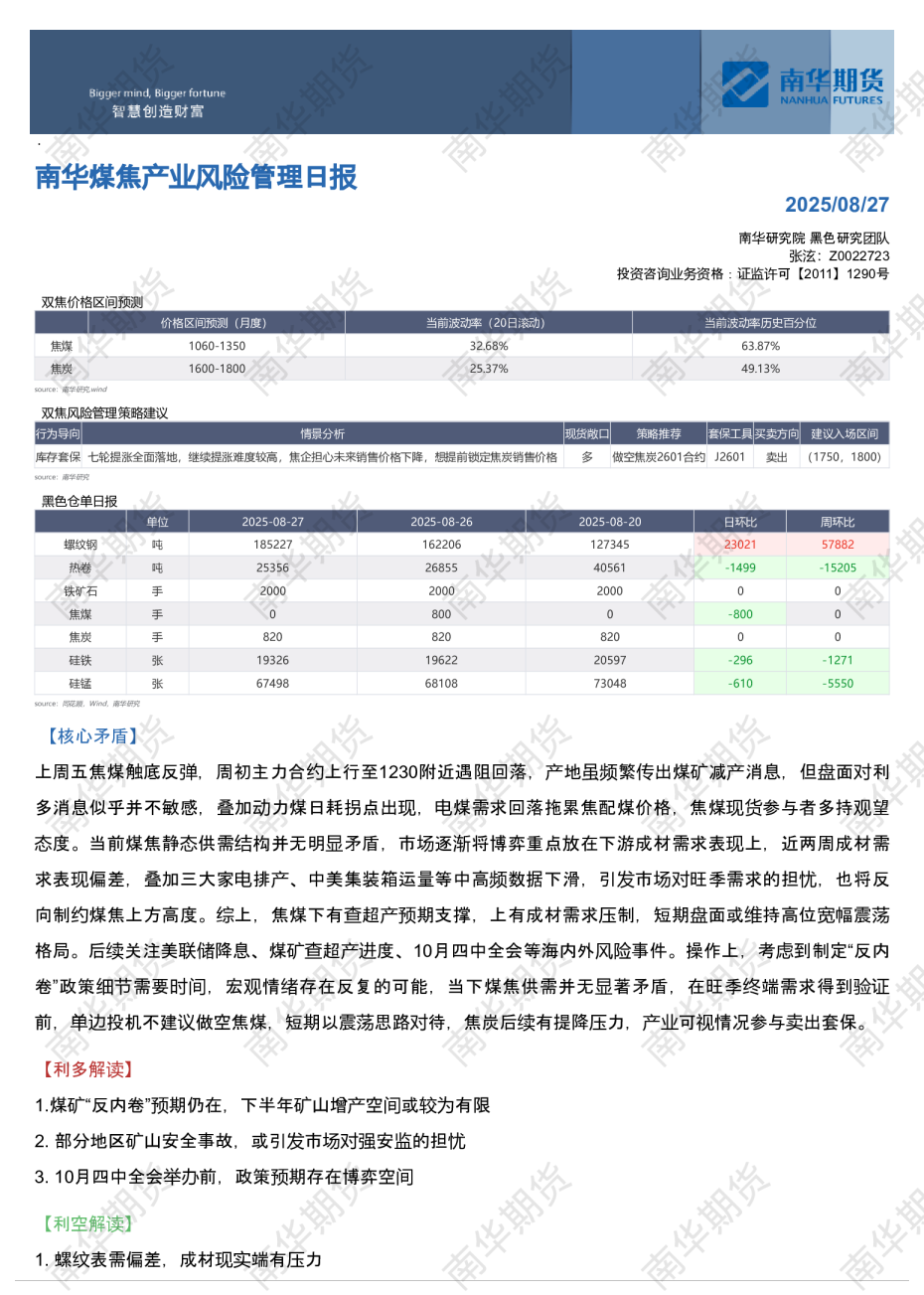 南华煤焦日报：商品股市联动下跌20250827