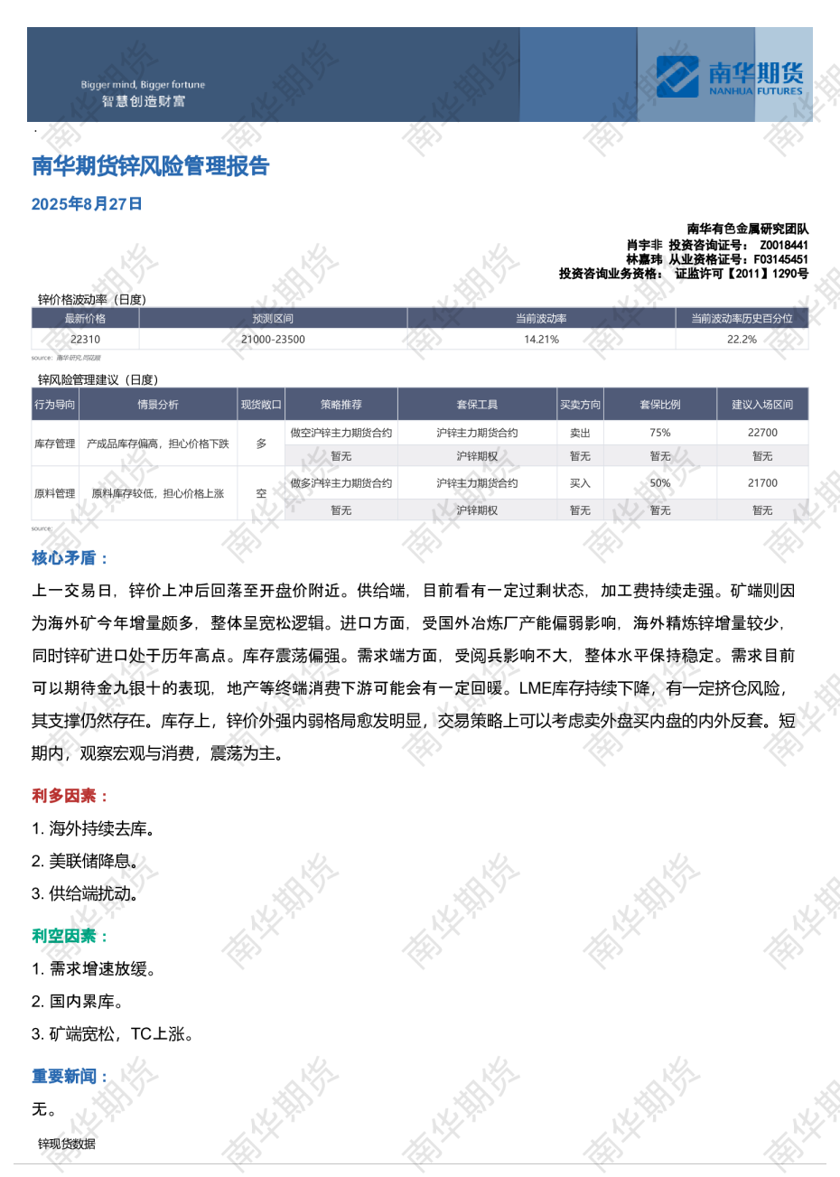 锌风险管理报告