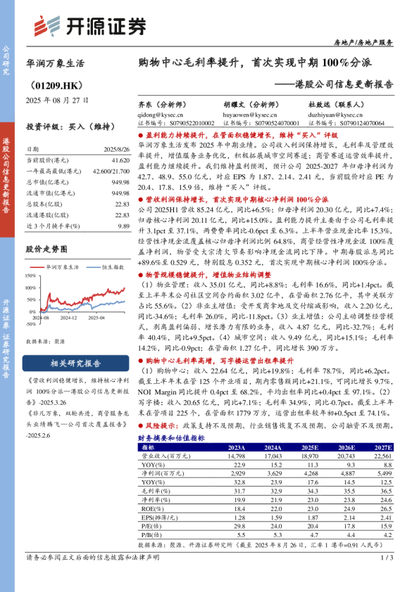 购物中心毛利率提升，首次实现中期100%分派