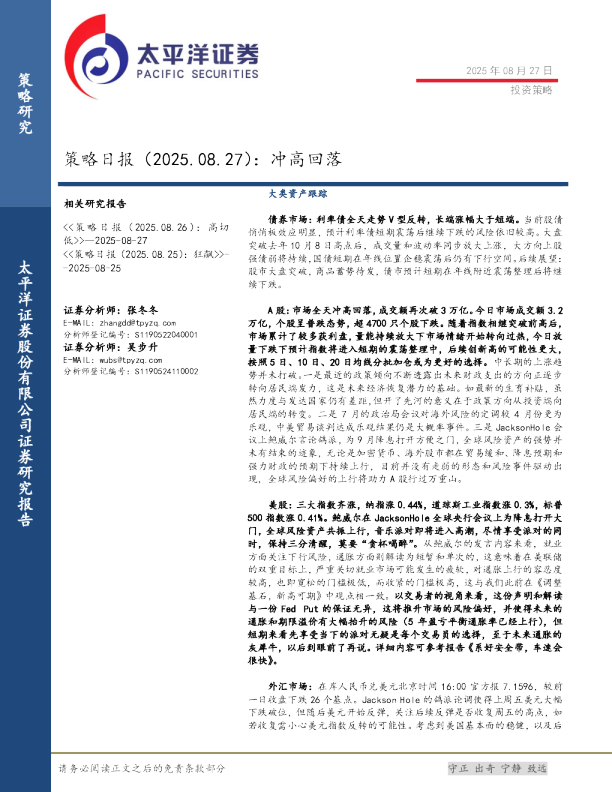 策略日报：冲高回落