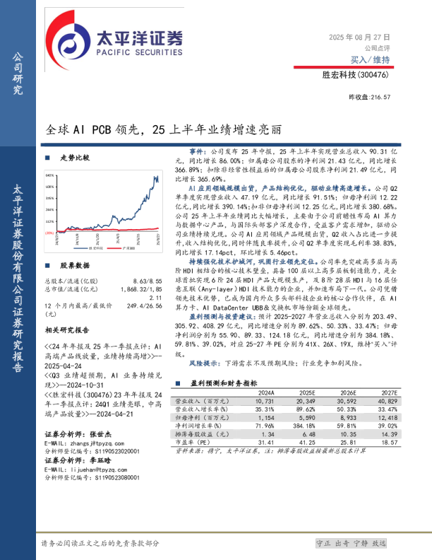 全球AI PCB领先，25上半年业绩增速亮丽