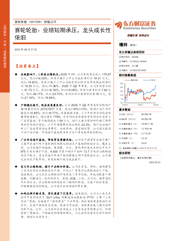 赛轮轮胎：业绩短期承压，龙头成长性依旧