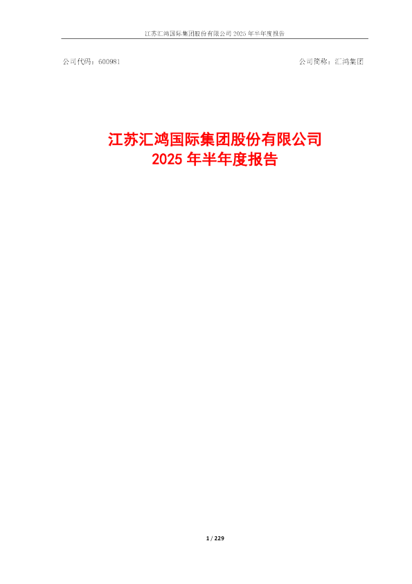 汇鸿集团：2025年半年度报告