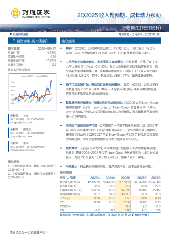 万物新生（REREN）2Q2025收入超预期，成长动力强劲