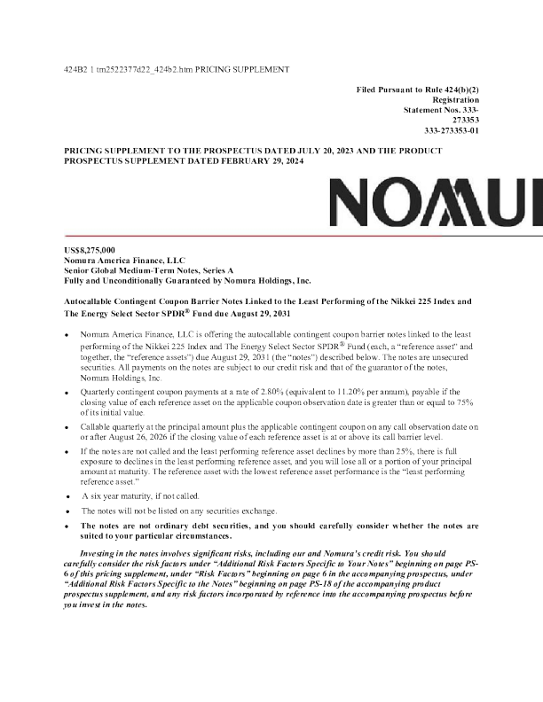 野村控股美股招股说明书(2025-08-28版)