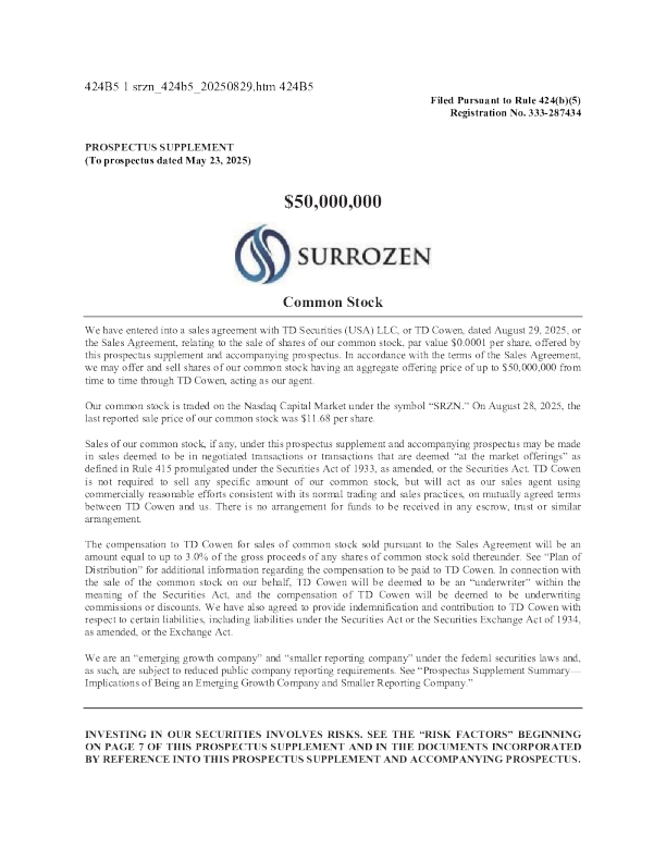 Surrozen Inc美股招股说明书(2025-08-29版)