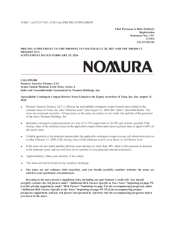 野村控股美股招股说明书(2025-08-29版)